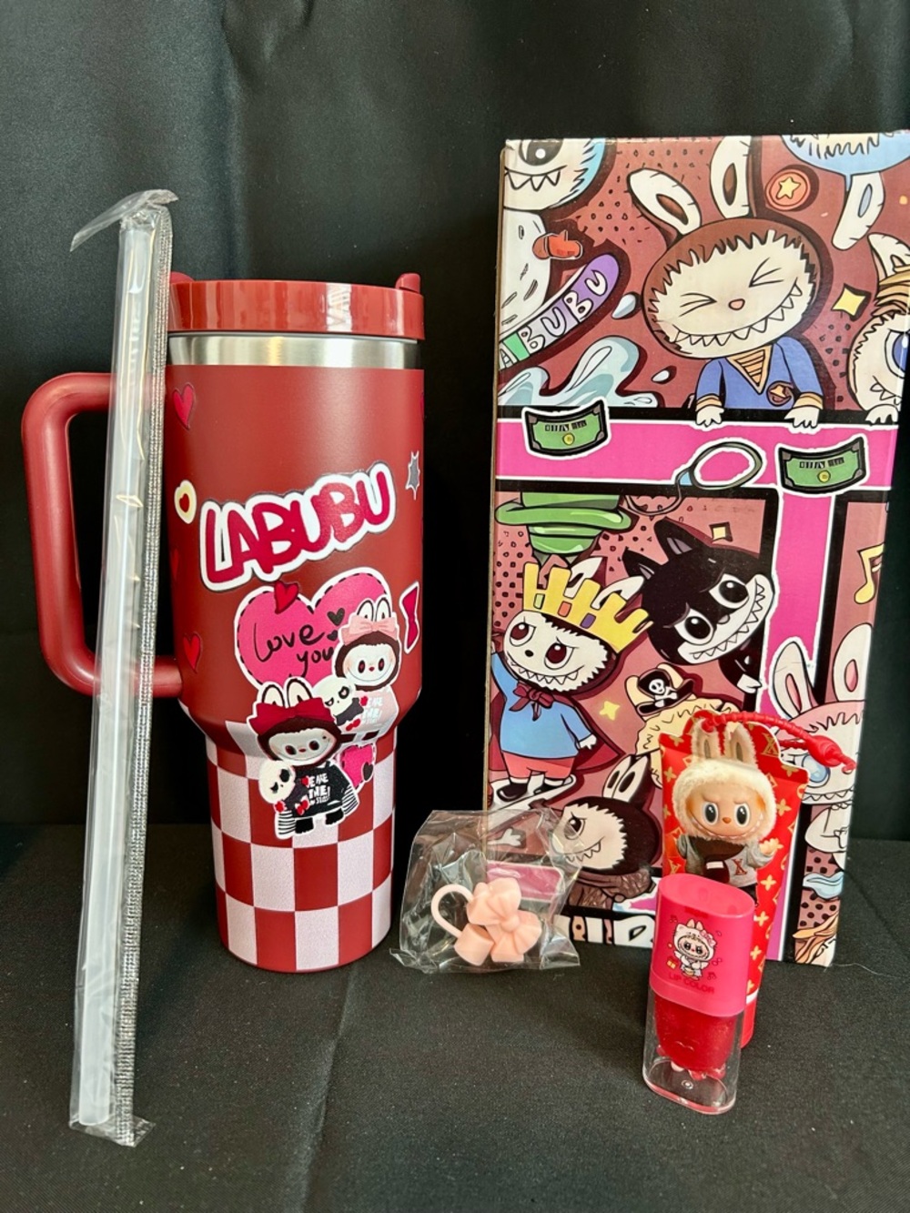 Labubu Red Checkered Travel Tumbler with Cute Character Art